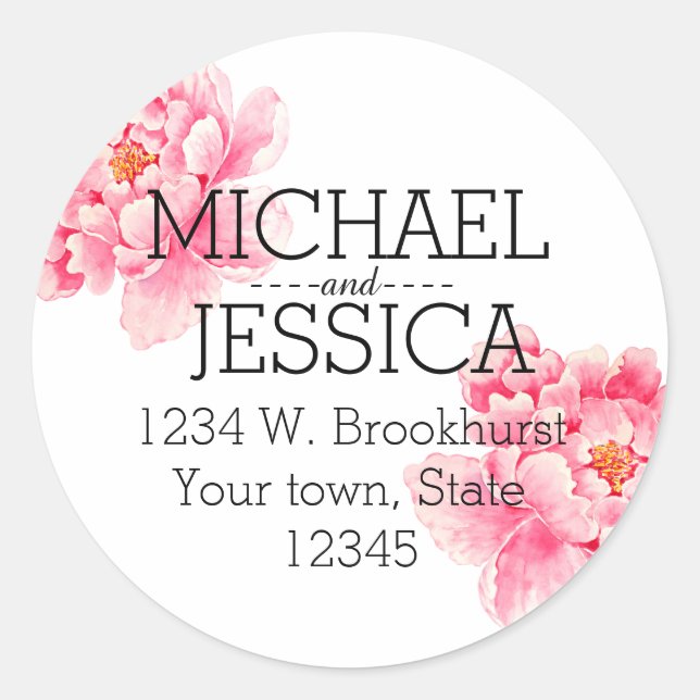 Sticker Rond Pink Peony Flowers Adresse personnalisée (Devant)