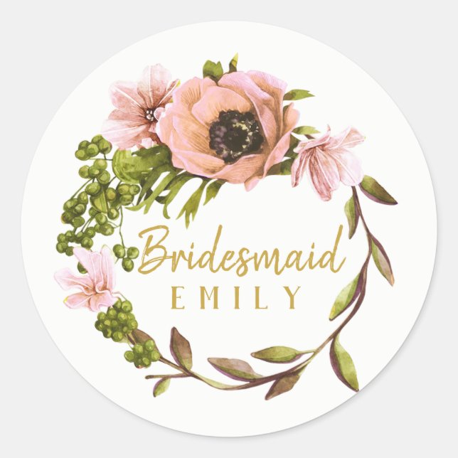 Sticker Rond Pink Peony Wreath Bridesmaid Nom ID456 (Devant)