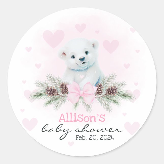 Sticker Rond Pink Polar Bear Cub Girl Heart Baby shower d'hiver (Devant)