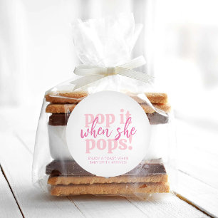 Sticker Rond Pink Pop It When She Pops Baby shower Cadeau