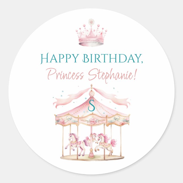 Sticker Rond Pink Princess Carousel Magique 1er anniversaire fi (Devant)