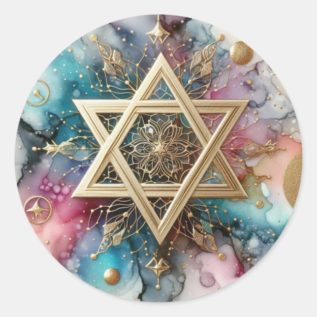 Sticker Rond Pink Purple Blue Marble Abstract Gold Star Of  (Devant)