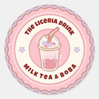 Sticker Rond Pink & Purple Cute Boba Milk Tea Logo