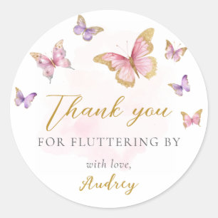 Sticker Rond Pink Purple Gold Butterfly Girl Baby shower