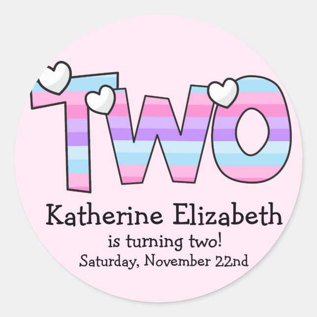 Sticker Rond Pink Purple Ombre Stripes Coeurs Deuxième Annivers (Devant)