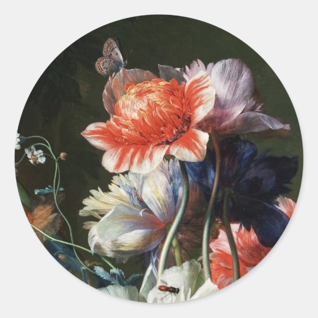 STICKER ROND PINK RED ANEMONES WHITE FLOWERS, BUTTERFLY MONOGRA (Devant)