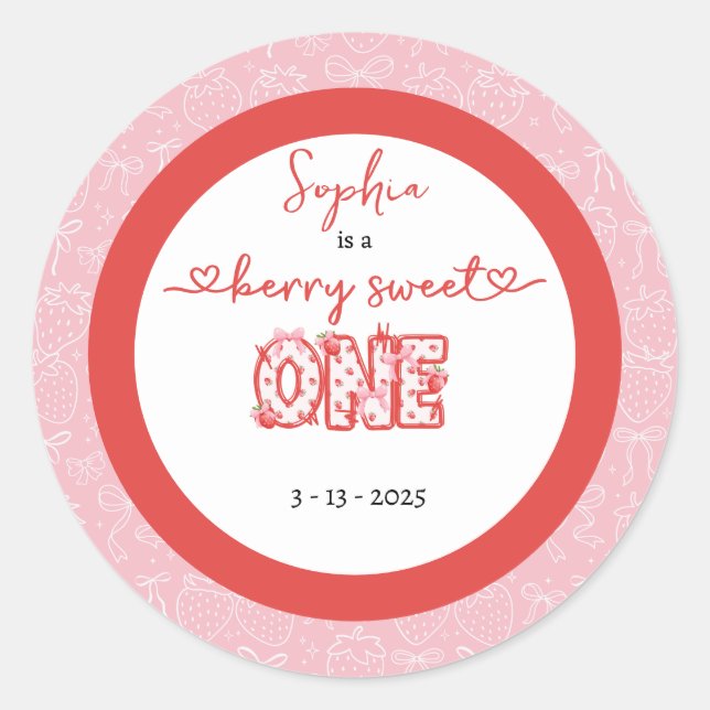 Sticker Rond Pink Red Berry Sweet One Girl 1st Birthday (Devant)
