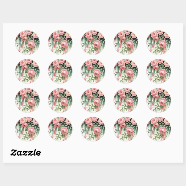 Sticker Rond Pink Roses and Ribbons (Feuille)