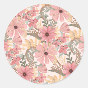 Sticker Rond Pink Sage Vert Floral Feuille Motif d'aquarelle