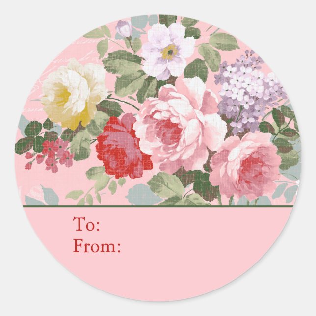 Sticker Rond Pink Shabby Chic Rose Personalized To & From (Devant)