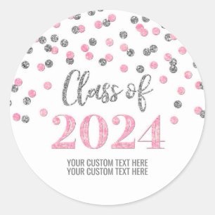 Sticker Rond Pink Silver Confetti Graduation 2024