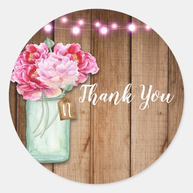 Sticker Rond Pink String Lights & Mason Jar Flowers Rustic Wood (Devant)