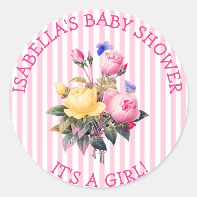 Sticker Rond PInk Striped Floral Chic Baby shower Sitckers (Devant)