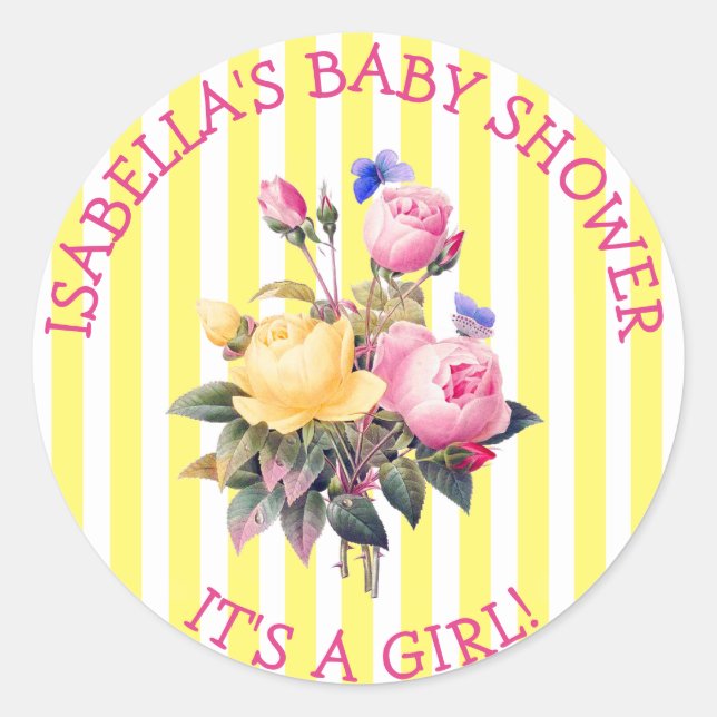 Sticker Rond PInk Striped Floral Chic Baby shower Sitckers (Devant)
