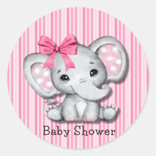 Sticker Rond Pink Stripes Aquarelle Elephant Girl Baby shower