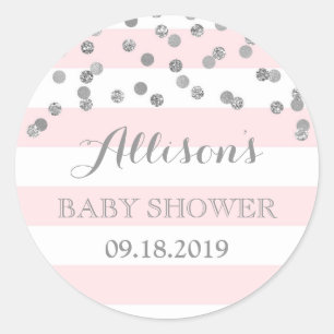 Sticker Rond Pink Stripes Argent Confetti Baby shower Favoriser