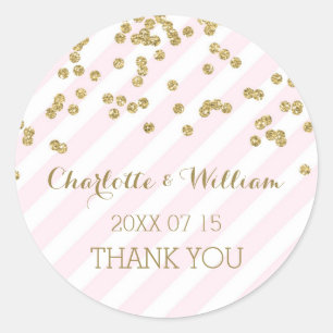 Sticker Rond Pink Stripes Gold Confetti Wedding Favor Tags