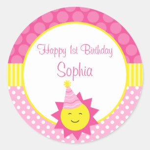 Sticker Rond Pink Sunshine Polka Dot 1er Anniversaire personnal