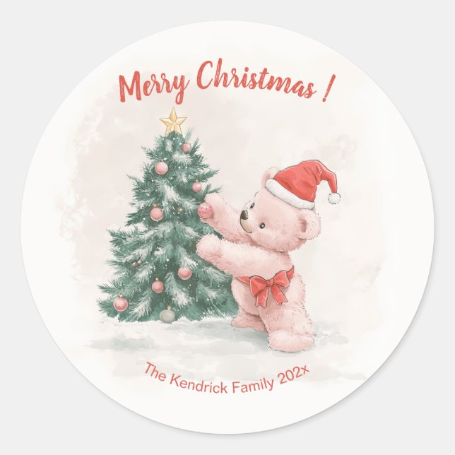 Sticker Rond Pink Teddy Bear Retro Christmas (Devant)