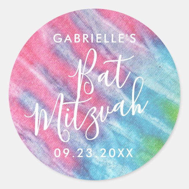 Sticker Rond Pink Tie Dye Bat mitzvah Parti Merci Favoriser (Devant)