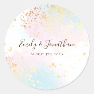 Sticker Rond Pink Turquoise Blue Watercolor Gold Noms Date Mari