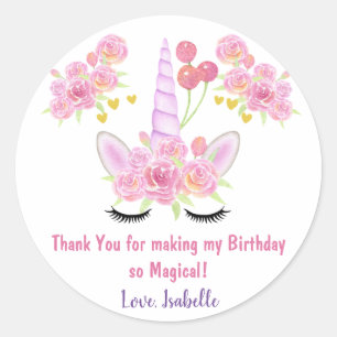 Sticker Rond Pink Unicorn Aquarelle Florals Merci Anniversaire