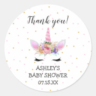 Sticker Rond Pink Unicorn Face baby shower merci pour