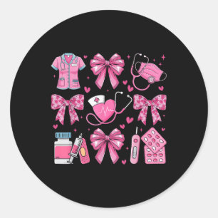Sticker Rond Pink Valentine Nurse Coquette Bow Heart Stethoscop