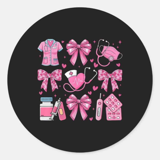 Sticker Rond Pink Valentine Nurse Coquette Bow Heart Stethoscop (Devant)