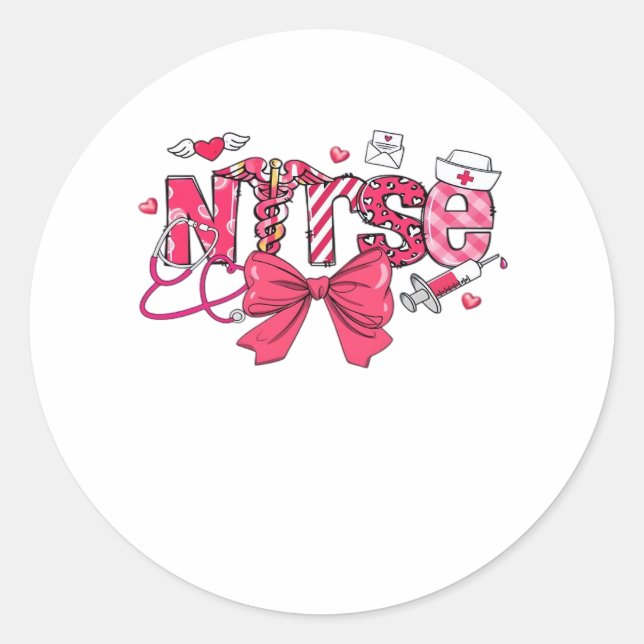 Sticker Rond Pink Valentine Nurse, Valentine Coquette Bow Overs (Devant)