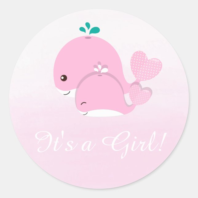 Sticker Rond Pink Whale Ombre C'est une fille Baby shower autoc (Devant)