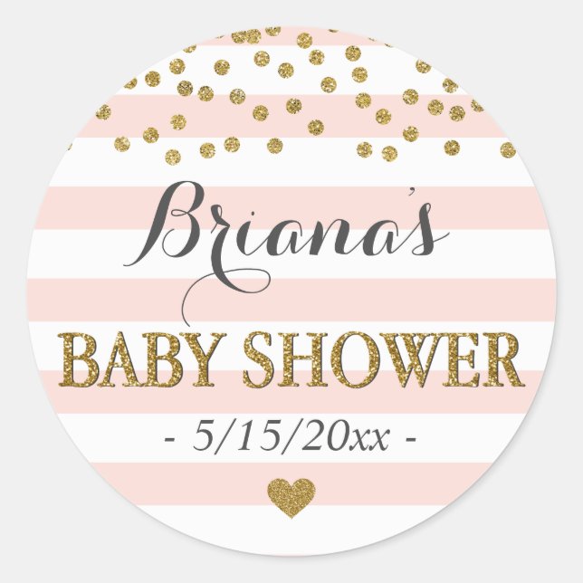 Sticker Rond Pink White Gold Stripe Confetti Baby Girl Douche (Devant)