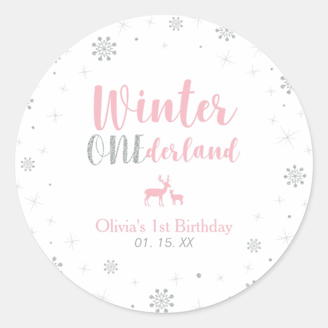 Sticker Rond Pink Winter Onderland 1er anniversaire fête Favori (Devant)