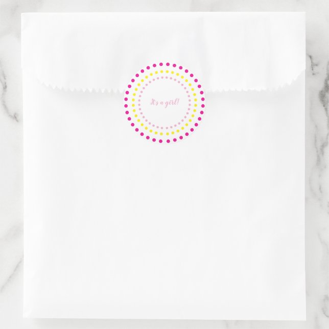 Sticker Rond Pink & Yellow Polka Dots Baby Girl Gender Reveal (Sac)