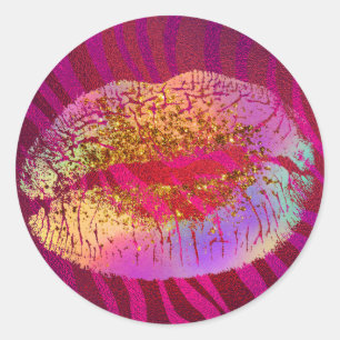 Sticker Rond Pink Zebra Print Rainbow Gold Parties scintillant 