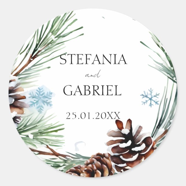 Sticker Rond Pins enneigés de mariage d'hiver (Devant)