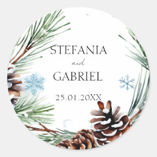 Sticker Rond Pins enneigés de mariage d'hiver