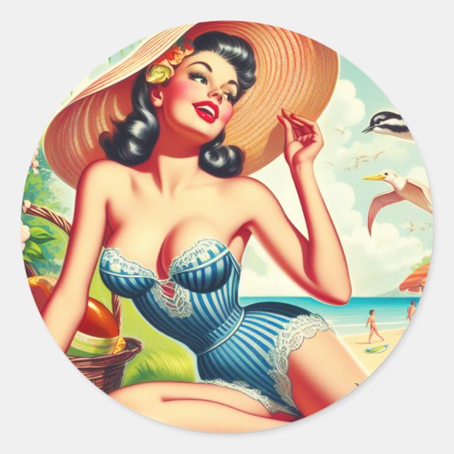 Sticker Rond Pinup de plage Tropical Retro (Devant)