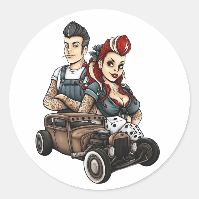 Sticker Rond Pinup Girl avec Rockabilly Hot-road car avec des d (Devant)