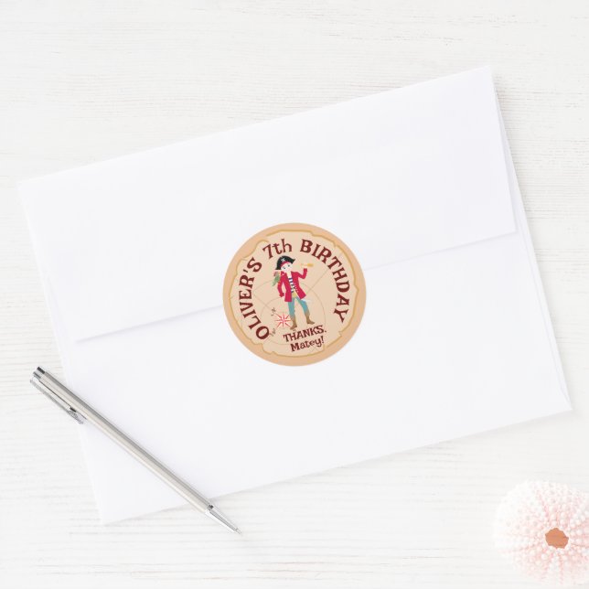 Sticker Rond Pirate Boy Treasure Map Amusants Anniversaire Fête (Enveloppe)