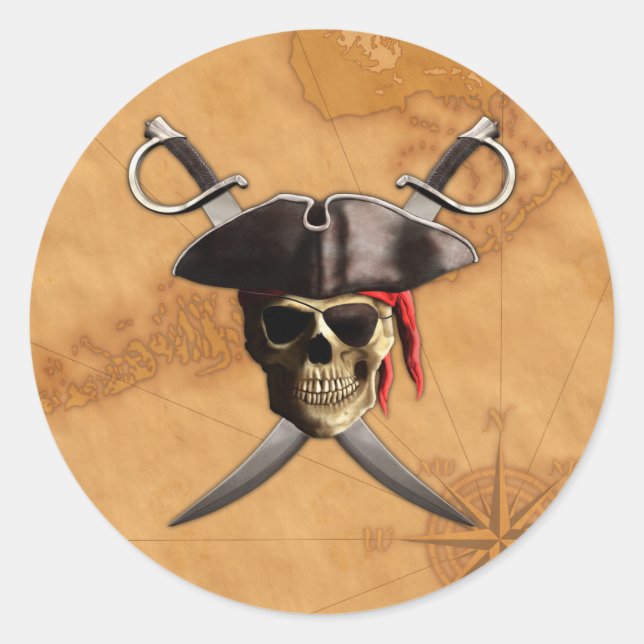 Sticker Rond Pirate Crâne épées et carte (Devant)