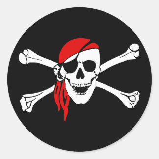 Sticker Rond Pirate crâne et os croisés avec Bandana rouge
