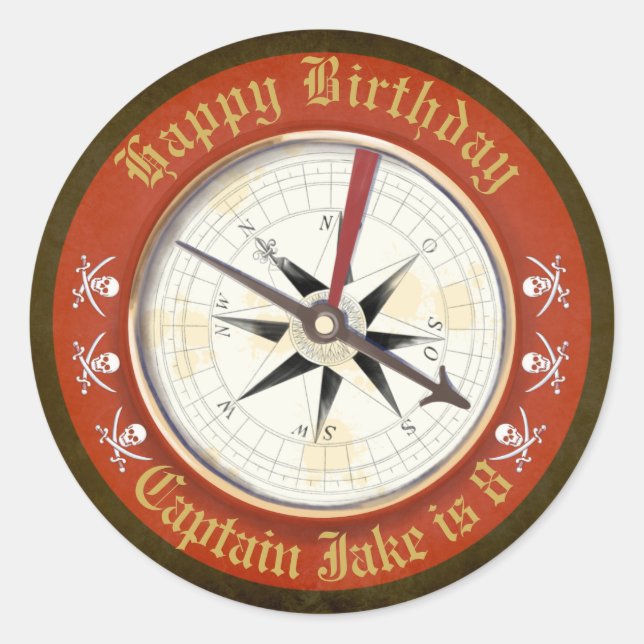 Sticker Rond Pirate de boussole d'anniversaire modifiable (Devant)