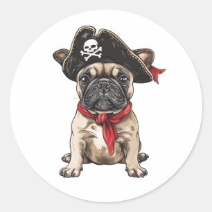 Sticker Rond Pirate French Buldog Skull Crossbones