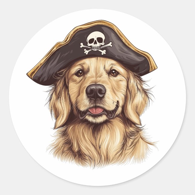 Sticker Rond Pirate Golden Retriever Chien Crâne (Devant)