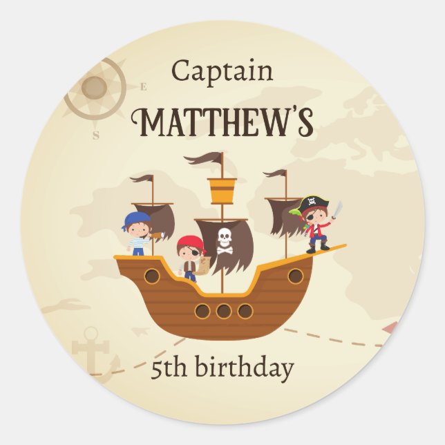Sticker Rond Pirate Ship Treasure Map Fête d'anniversaire de l' (Devant)