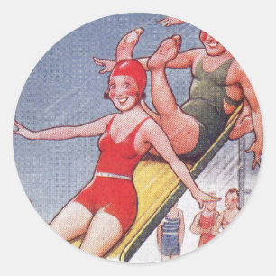 Sticker Rond Piscine Fête Nage Vintage Été