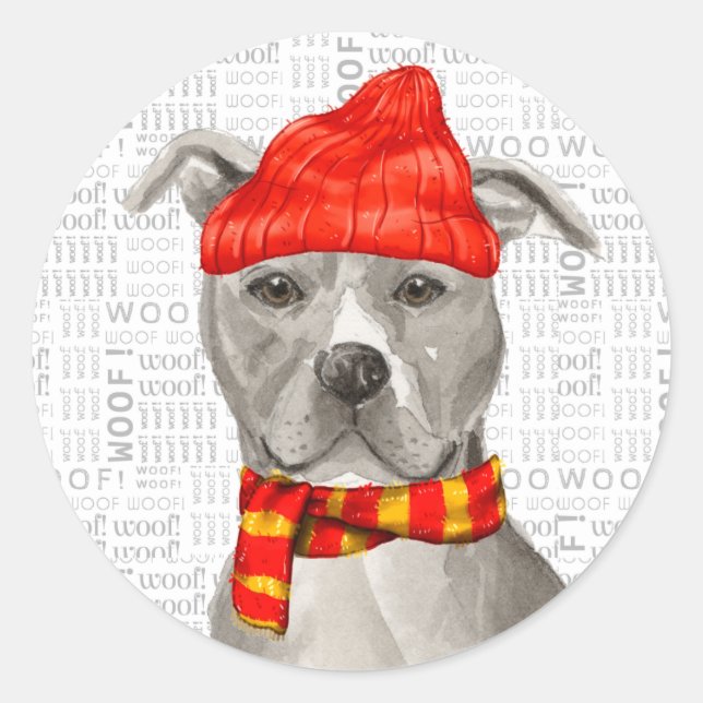 Sticker Rond Pit Bull Staffordshire et Woof Word Art Noël (Devant)