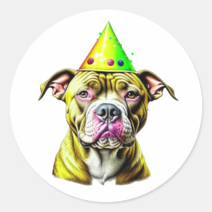 Sticker Rond Pitbull avec Casquette d'anniversaire