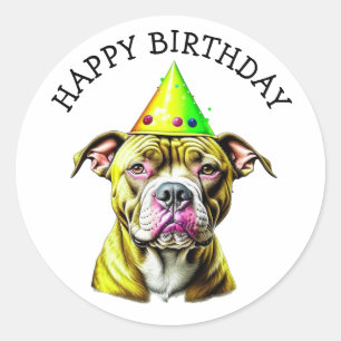Sticker Rond Pitbull avec Casquette d'anniversaire